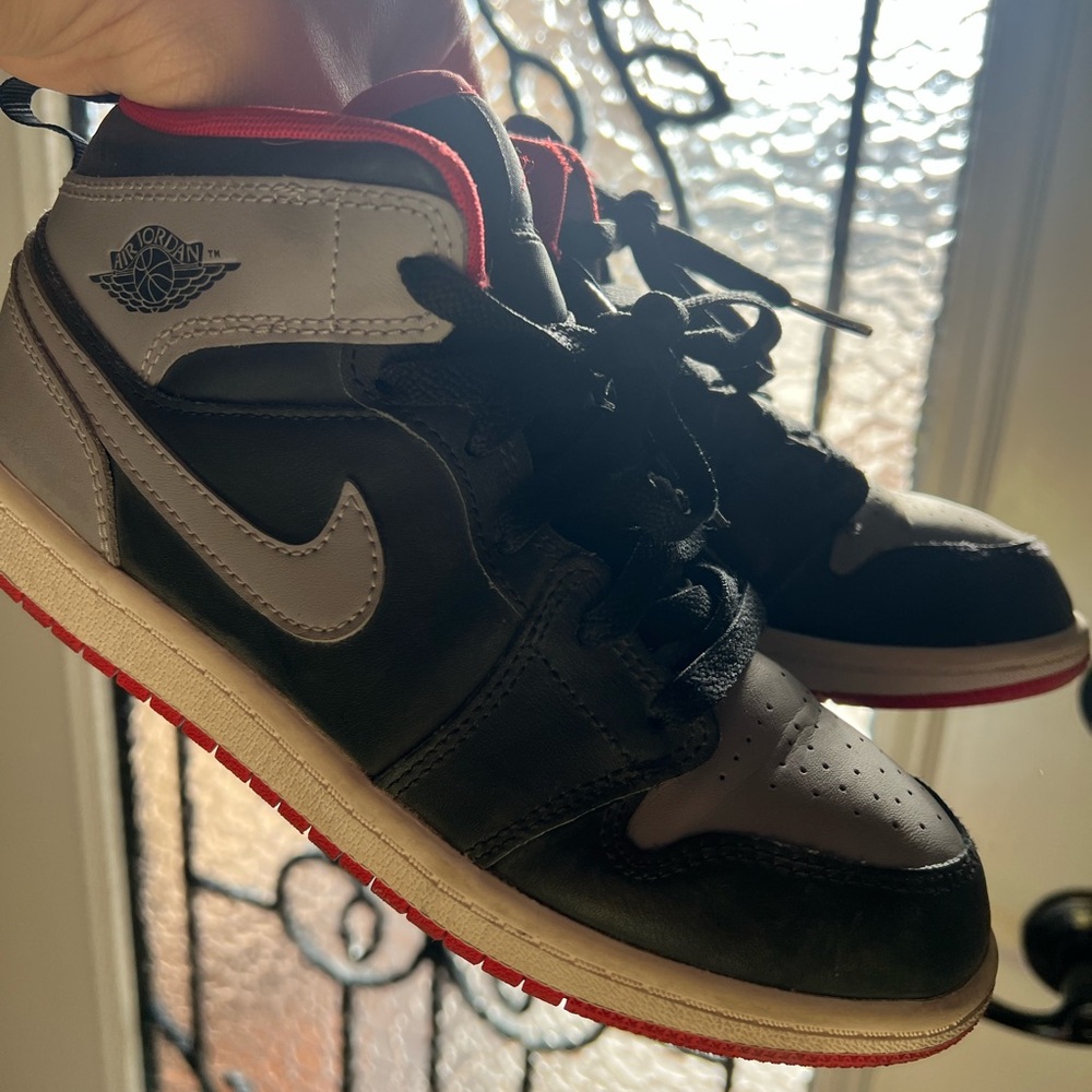 Kids Jordan 1 Mid Gray Sneakers with Red Trim
